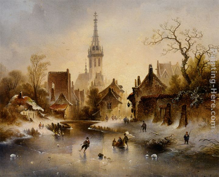 A Winter Landscape with Skaters near a Village painting - Charles van den Eycken A Winter Landscape with Skaters near a Village art painting